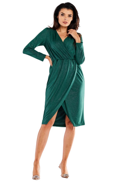 Sukienka midi brokatowa kopertowa długi rękaw dekolt V zielona